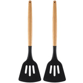 Kit 2 Espátulas Vazada De Silicone Preto Com Cabo De Bambu Utensílio De Cozinha Espátula Reta Yoi